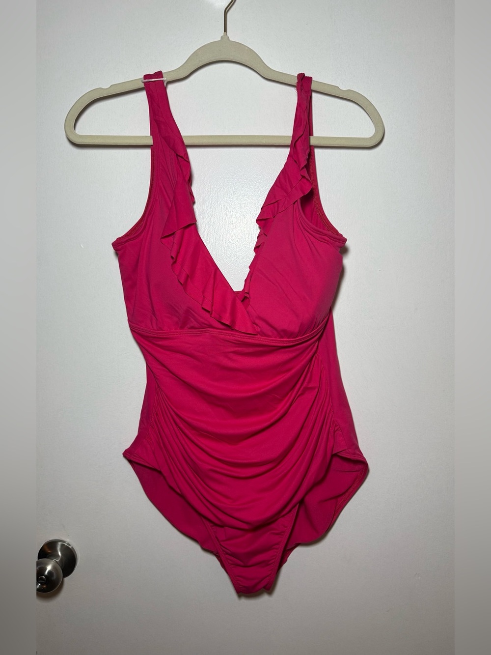 Lauren Ralph Lauren Hot Pink Ruffle V-Neck One Piece Swimsuit Lined Plus Size 16
